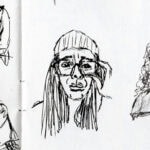 Pen sketch self portrait of worried looking face wearing glasses and holding them in left hand.