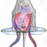 Surreal watercolour pencil and pen self-portrait of head shaped like an anatomical heart on a platter balanced on a nail inside a hammer.