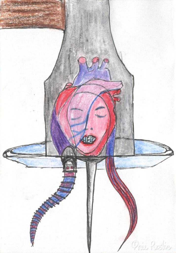Surreal watercolour pencil and pen self-portrait of head shaped like an anatomical heart on a platter balanced on a nail inside a hammer.