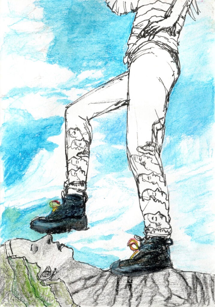 Surreal watercolour pencil and pen self-portrait of legs wearing hiking boots taking a step onto a mountain shaped like a face in profile with blue and cloudy sky background.