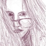 Digital self-portrait in dark burgundy lines looking straight ahead with glasses slipped down nose and words and lines scattered throughout hair.