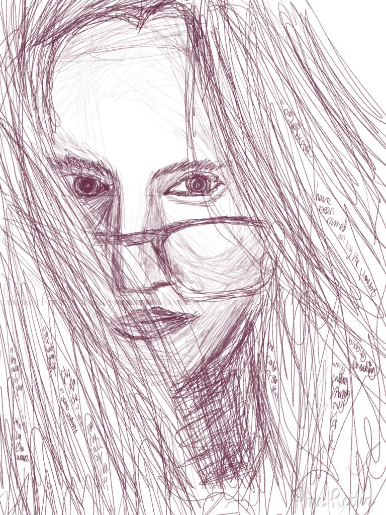 Digital self-portrait in dark burgundy lines looking straight ahead with glasses slipped down nose and words and lines scattered throughout hair.