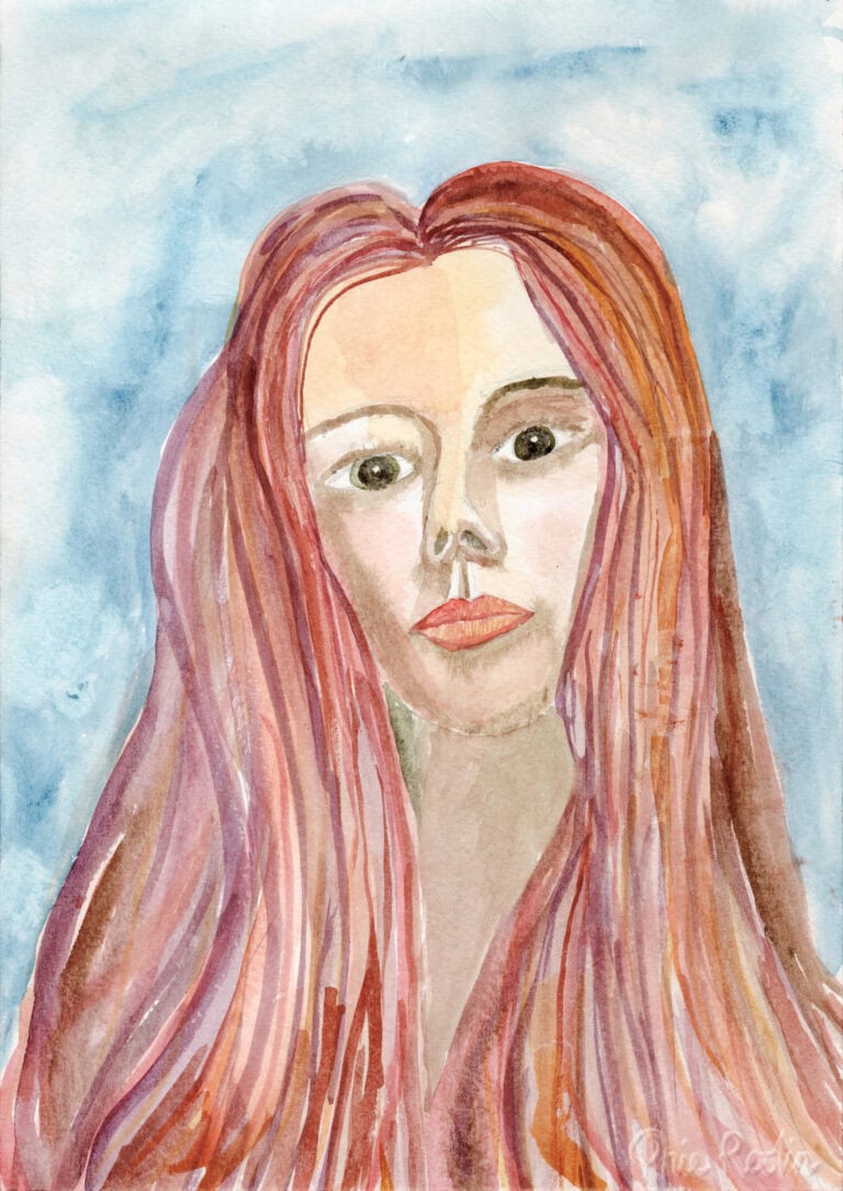 Watercolour self-portrait with large eyes and long orange hair on a background of cloudy blue sky.