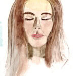 Self portrait in watercolour with brown hair and eyes closed on a white background.