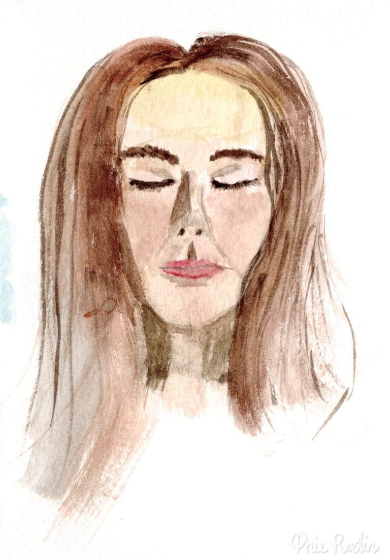 Self portrait in watercolour with brown hair and eyes closed on a white background.