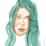 Self-portrait in watercolour with blue hair and eyes looking upwards on a white background.