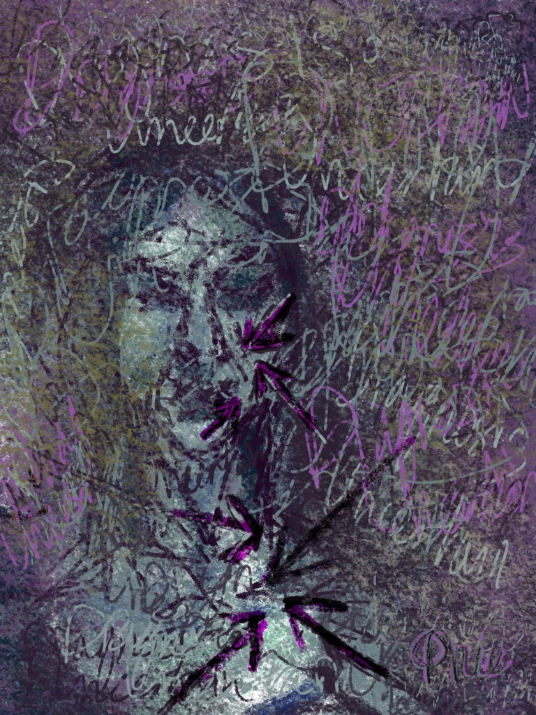 Digital self-portrait in grey and purple with layered text which is hard to decipher surrounding head and neck with arrows pointing to different parts.