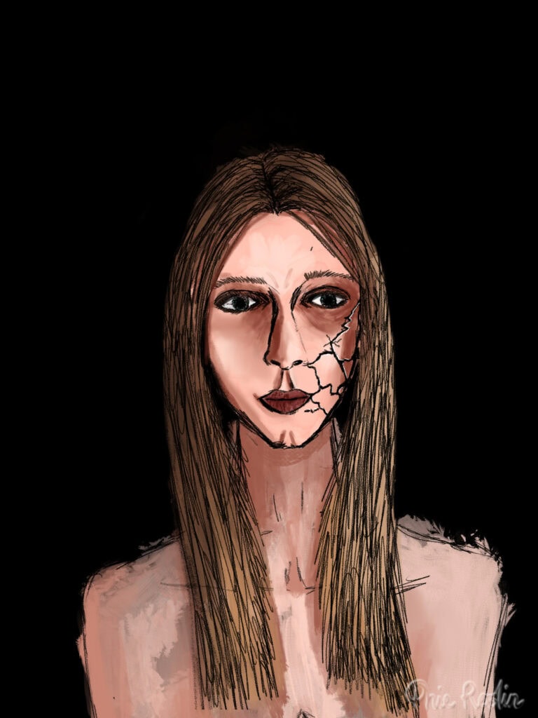 Digital self-portrait of nude head and shoulders with black background and black cracks on left hand side of the face.