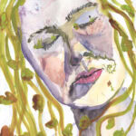 Self-portrait in gouache paint of head with stony, purple face and green vines growing from hair, around neck and out of nose.