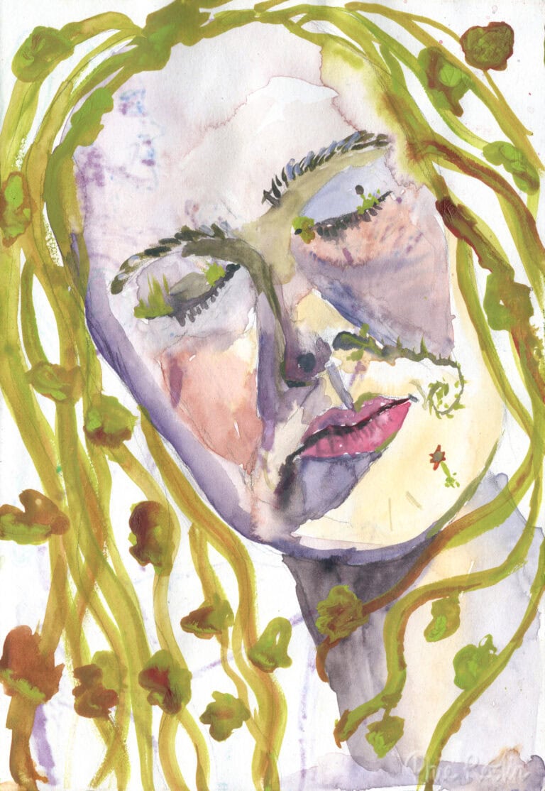 Self-portrait in gouache paint of head with stony, purple face and green vines growing from hair, around neck and out of nose.