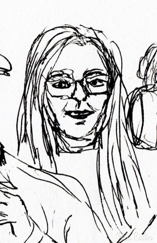 Black pen self portrait sketch of person with glasses and long hair surrounded by the edges of other portraits.