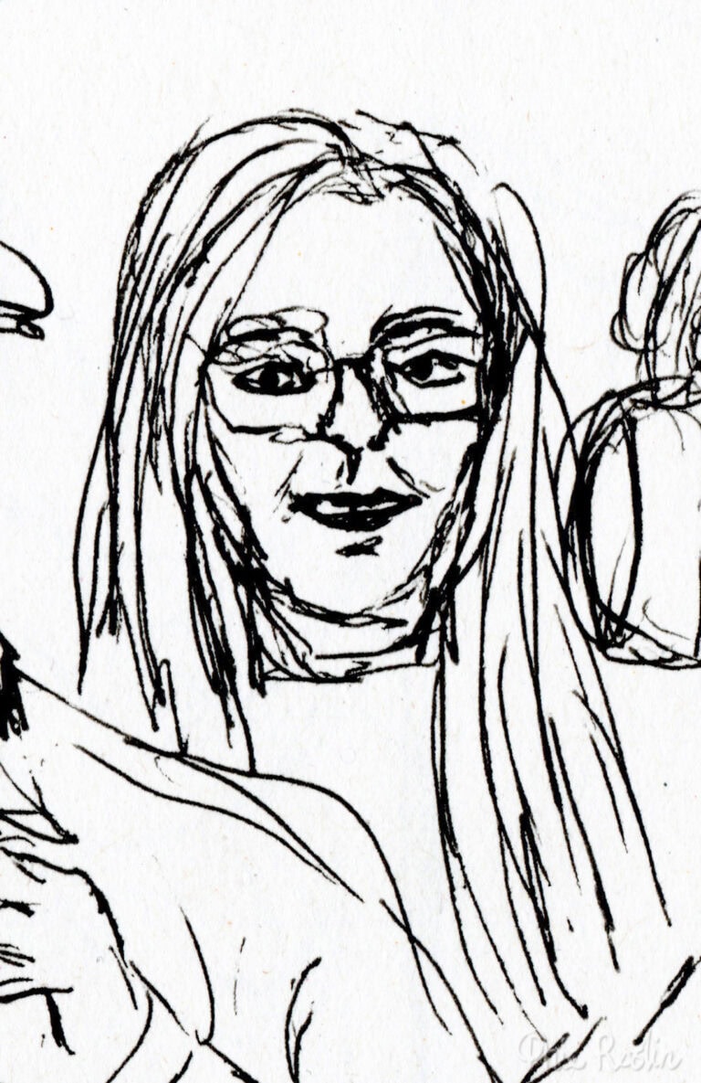Black pen self portrait sketch of person with glasses and long hair surrounded by the edges of other portraits.