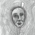 Digital self-portrait in grey with swirling lines around a disembodied face with a downwards pointing knife through it. The knife handle is also a door which says do not disturb.