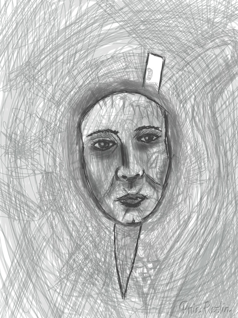 Digital self-portrait in grey with swirling lines around a disembodied face with a downwards pointing knife through it. The knife handle is also a door which says do not disturb.