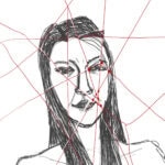Digital self portrait in black pen overlaid with red lines like a shattered mirror.
