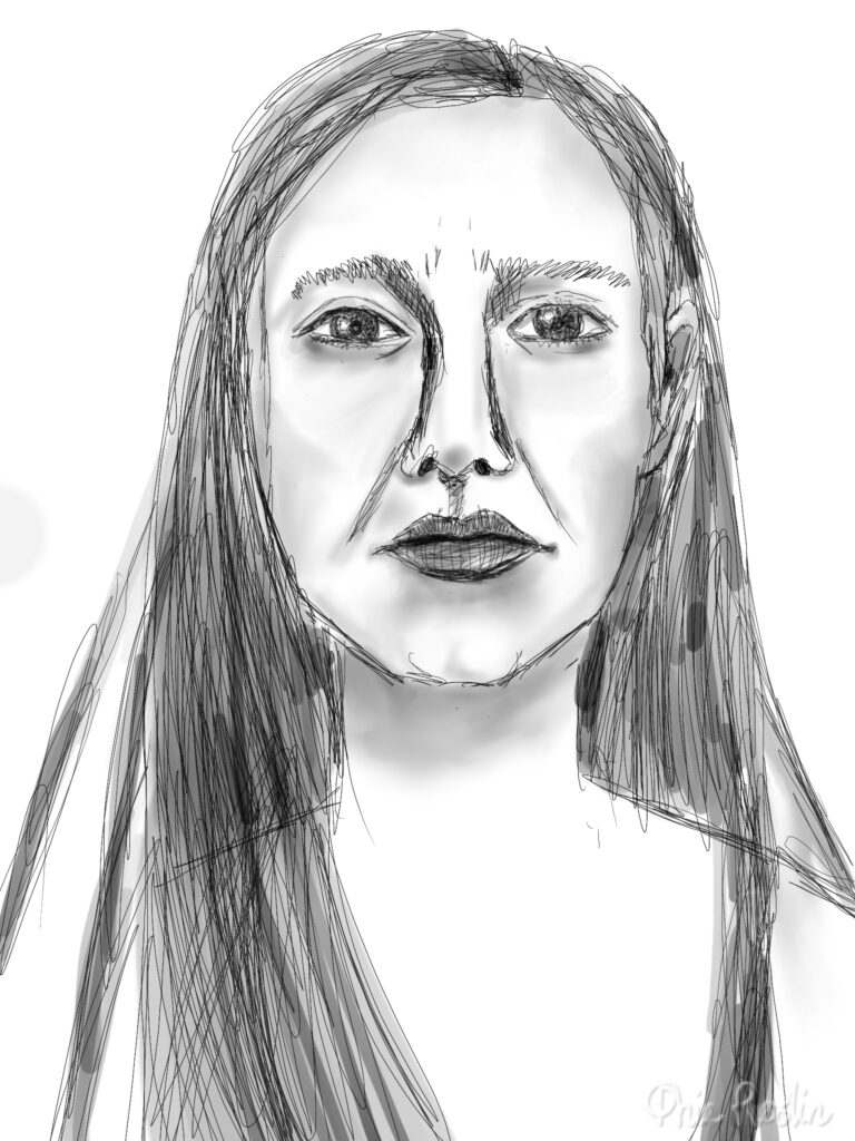 Digital black and white self-portrait looking straight ahead.