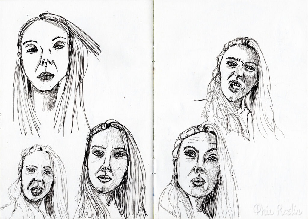 Black pen self-portrait sketches of five selfies making different facial expressions.