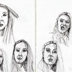 Black pen self-portrait sketches of five selfies making different facial expressions.