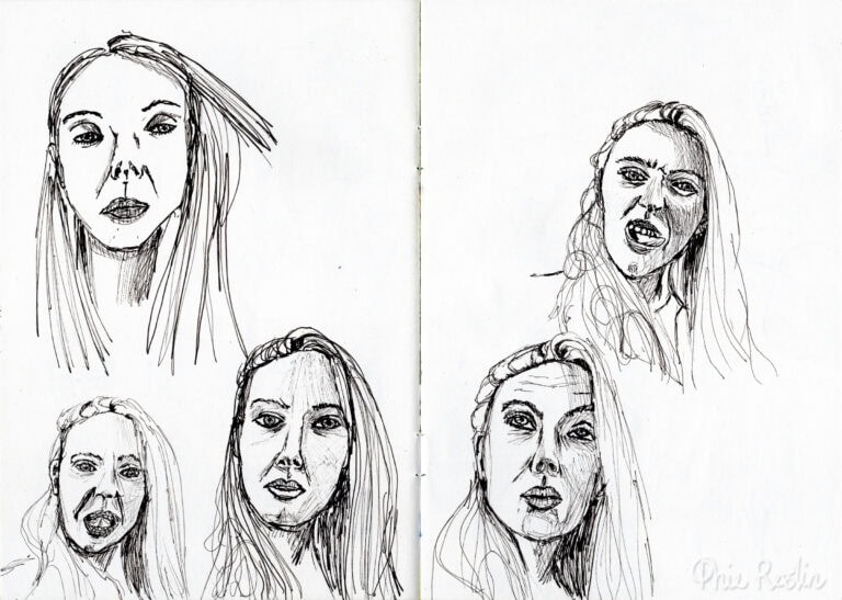 Black pen self-portrait sketches of five selfies making different facial expressions.
