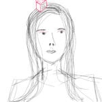 Digital self-portrait in black pen with red Jack in the box on head and text 'there's a fool inside my head' and 'making me see red' above eyes.
