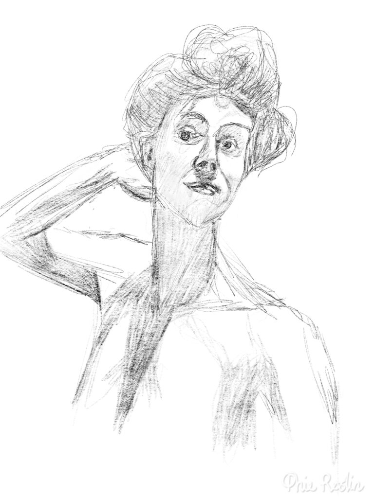 Digital black pencil self portrait sketch on of Phie posing with hair up and hand behind head.