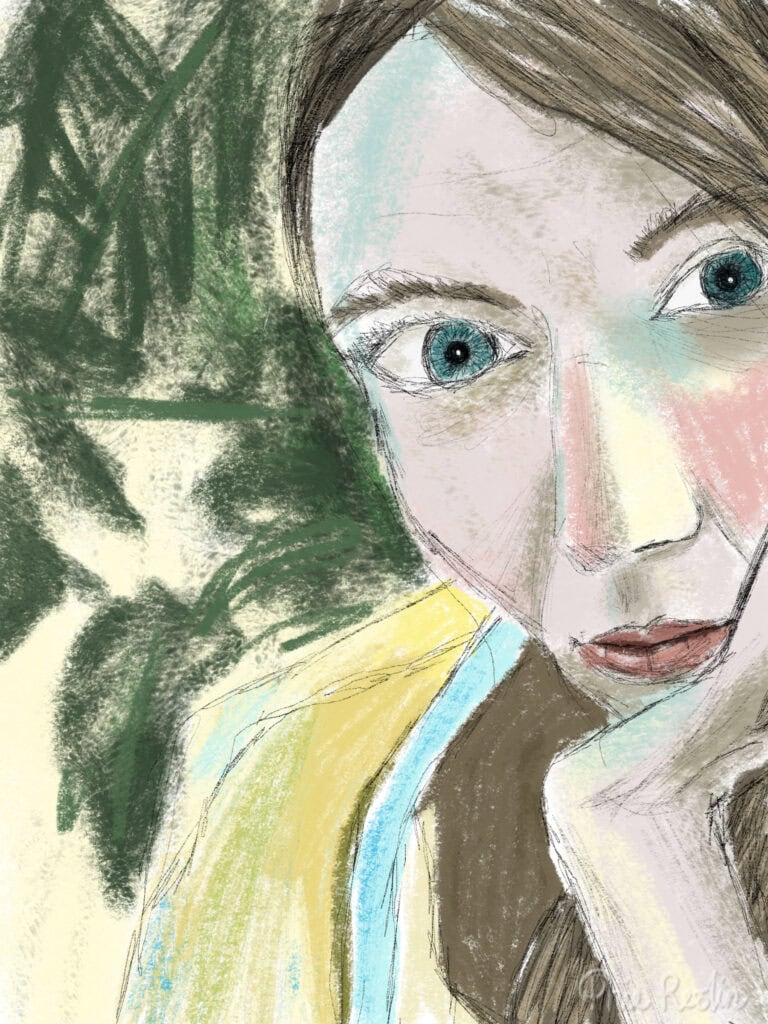 Digital self portrait in pastel colours with head leaning on left arm and green plant in background.