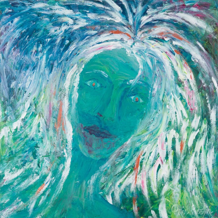 Acrylic self-portrait painting of turquoise face with copper eyes and messy watery hair which covers the background.