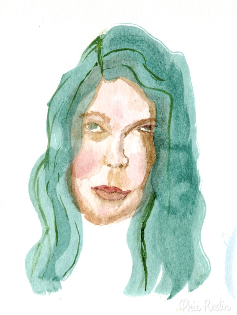 Self-portrait in watercolour with blue hair and eyes looking upwards on a white background.